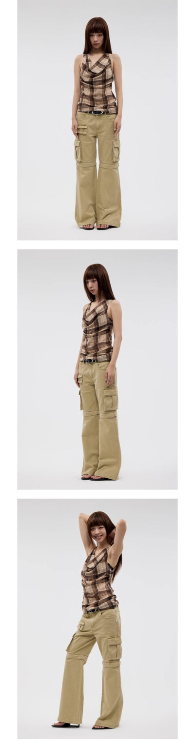 Blusa Tirantes Cuadros Vintage con Pliegues y Cuello Envolvente - Image 11