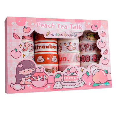 Set of 20 rolls of cute cartoon washi tape in a pink 'Peach Tea Talk' gift box, featuring peach, strawberry, and bear designs. - Image 5
