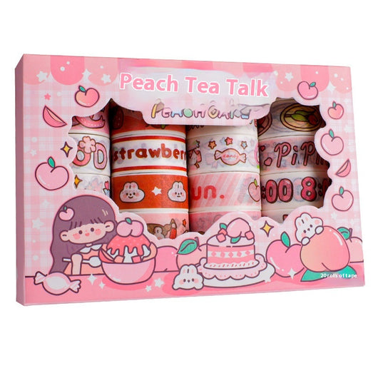 Set of 20 rolls of cute cartoon washi tape in a pink 'Peach Tea Talk' gift box, featuring peach, strawberry, and bear designs. - Image 5