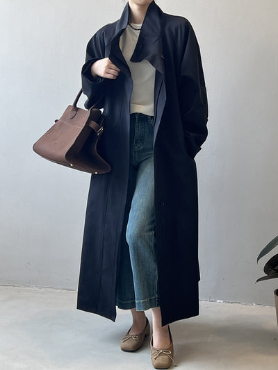 Abrigo Trinchera Largo Mujer Cuello Alzado Oversized Abotonado Simple - Image 36