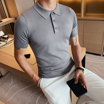 Camiseta Hombre Slim Fit Cuello Solapa Seda de Hielo Gris Verano - Image 8