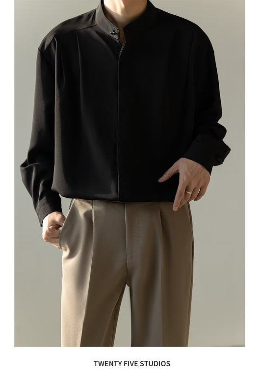 Camisa Casual Holgada de Manga Larga con Cuello Alzado para Hombre - Image 24