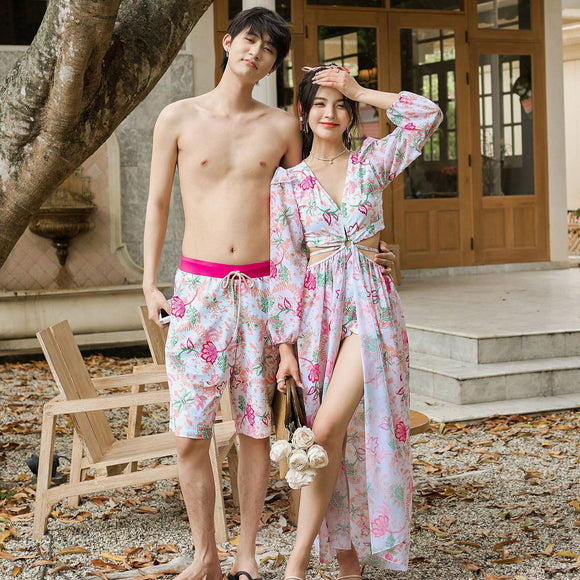 Traje de Baño Enterizo Protección Solar con Estampado Retro y Manga Larga