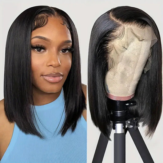 Peluca Bob Corta con Encaje Frontal - Cabello Liso Negro Sintético - Image 4