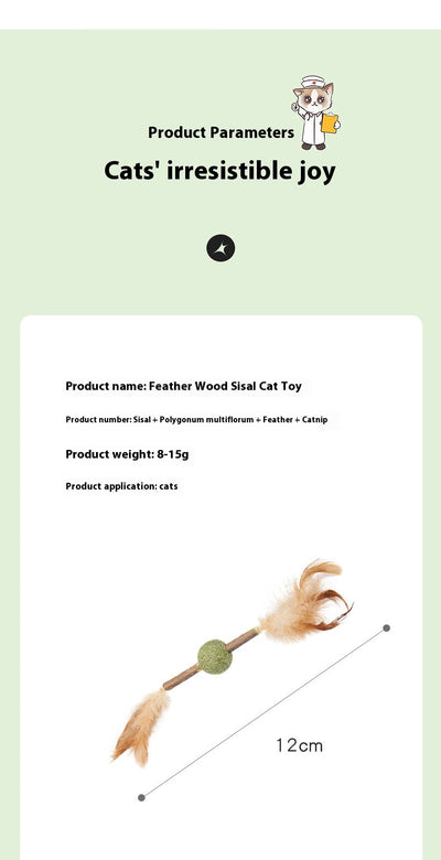 Feather and sisal cat toy with a wooden stick, green sisal ball, and brown feathers for molar cleaning. - Image 17