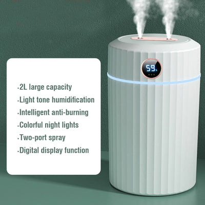 Pink cylindrical humidifier with ribbed texture, digital display showing 59%, and a light blue LED ring. - Image 6