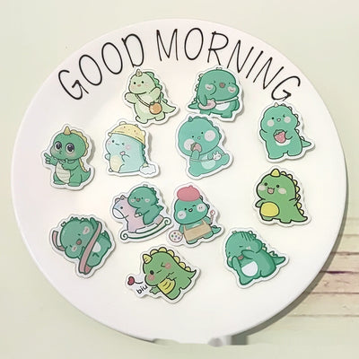 Cute green cartoon dinosaur acrylic badge brooch with a shy expression and small spikes on its back. - Image 29
