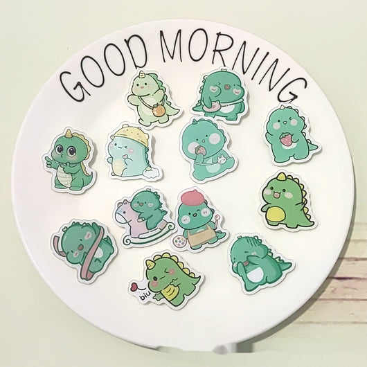 Cute green cartoon dinosaur acrylic badge brooch with a shy expression and small spikes on its back. - Image 29