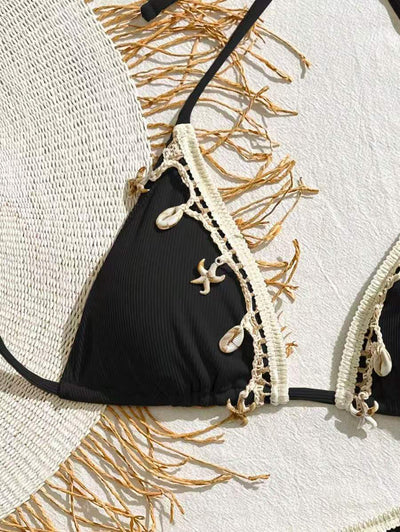 Light pink ribbed halterneck bikini with triangle cups and tie-side bottom, adorned with shell and starfish charms. - Image 17