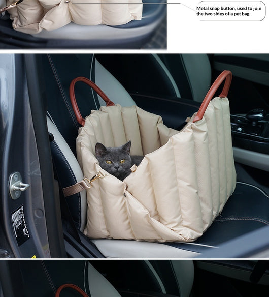 Light khaki quilted portable pet carrier with brown handles and a cream shoulder strap for car travel. - Image 17
