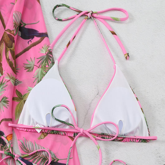 Milky white floral print three-piece swimsuit with triangle bikini top, v-cut bottom, and sheer long-sleeve cover-up. - Image 26