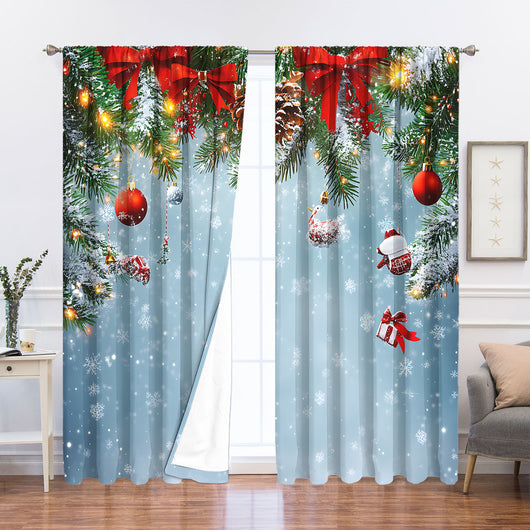 Pair of Christmas curtains with a 3D digital print of a snowy winter window scene, frosted trees, and snowflakes. - Image 39