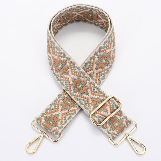 Yellow and white ethnic style patterned canvas bag strap with gold-toned adjustable buckle and swivel snap hooks. - Image 16