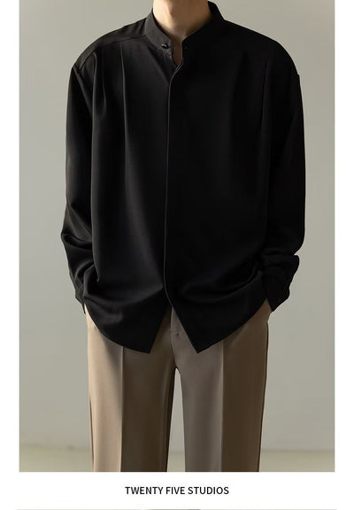 Camisa Casual Holgada de Manga Larga con Cuello Alzado para Hombre - Image 18
