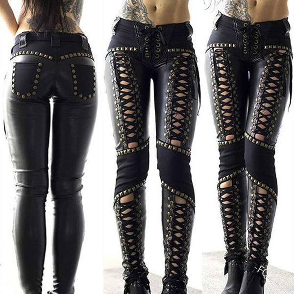 Pantalones Skinny de Cuero Punk Rock con Correas