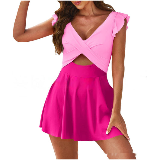 Conservative color contrast patchwork swimsuit for women, featuring a light pink criss-cross top with ruffled cap sleeves and an orange pleated skirt. - Image 7