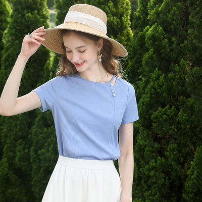 Blusa Ajustada de Punto Azul Manga Corta Efecto Adelgazante