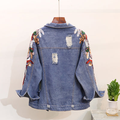 Chaqueta Denim Oversized con Bordados y Lentejuelas Reductora para Mujer - Image 2