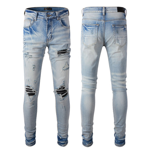 Jeans Slim Fit Azul Claro con Roturas y Parches para Hombre