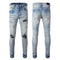 Calça Jeans Slim Fit Azul Claro Masculina com Rasgos e Patches