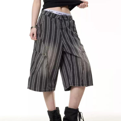 Pantalones Cropped de Pierna Ancha con Rayas Vintage Desgastadas para Mujer - Image 5