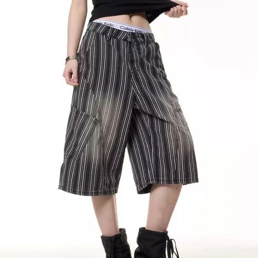 Pantalones Cropped de Pierna Ancha con Rayas Vintage Desgastadas para Mujer - Image 5