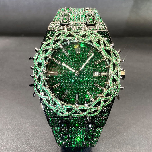 Reloj Hip-Hop para Hombre con Incrustaciones de Circón Verde Brillante