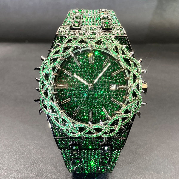 Reloj Hip-Hop para Hombre con Incrustaciones de Circón Verde Brillante