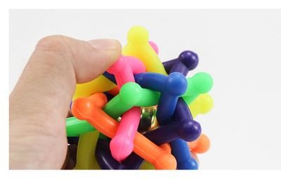 Colorful rainbow pet chew toy ball made of soft rubber with an interlocking design and an internal bell. - Image 10