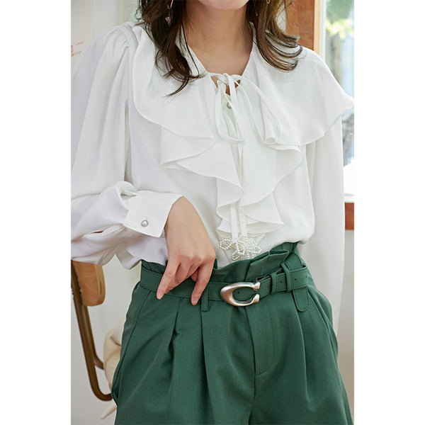 Blusa Blanca para Mujer con Corbata de Perlas y Cuello Hoja de Loto