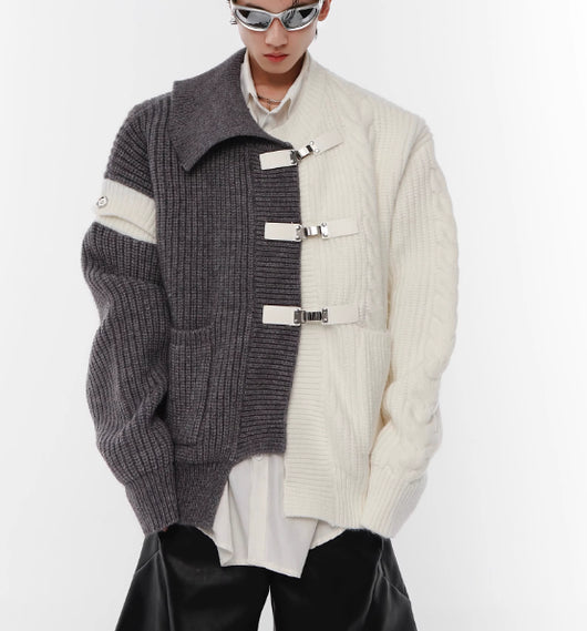 Cardigan Deconstruido Negro y Blanco con Costuras Contrastantes y Botones Metálicos - Image 12