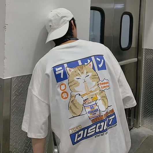 Playera Holgada con Estampa de Gato Estilo Coreano Manga Corta para Hombre - Image 5