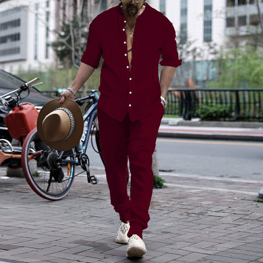 Pantalón y Camisa de Rayas con Cuello Hengli para Hombre - Image 9