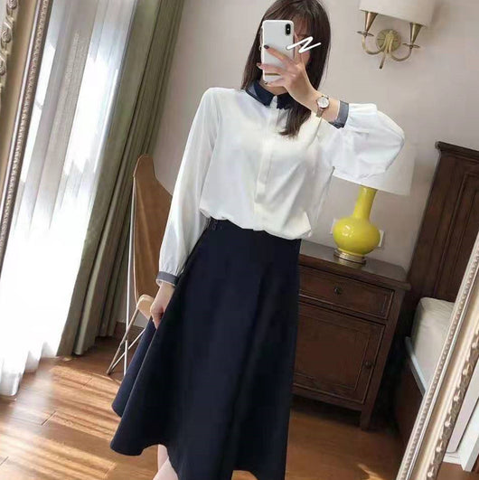 Blusa Elegante de Contraste con Encaje de Malla y Cuello Solapa - Image 8