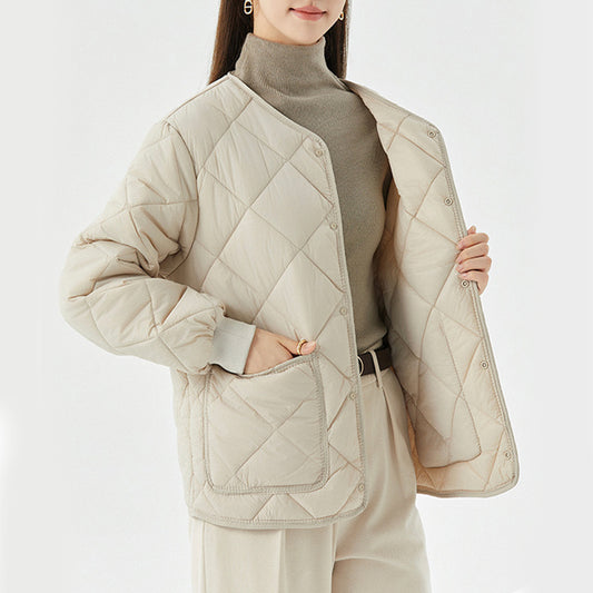 Abrigo Acolchado Rombo para Mujer - Chaqueta Ligera Cálida con Cuello Redondo y Bolsillos