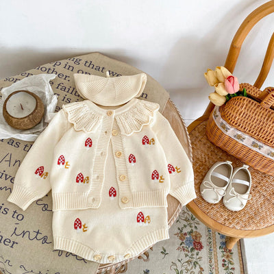 Conjunto de Punto para Bebé con Cuello de Loto Bordado - Ropa de Otoño