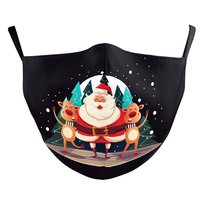 Black dustproof face mask with a digital print of Santa Claus and two reindeer in a snowy forest scene. - Image 13