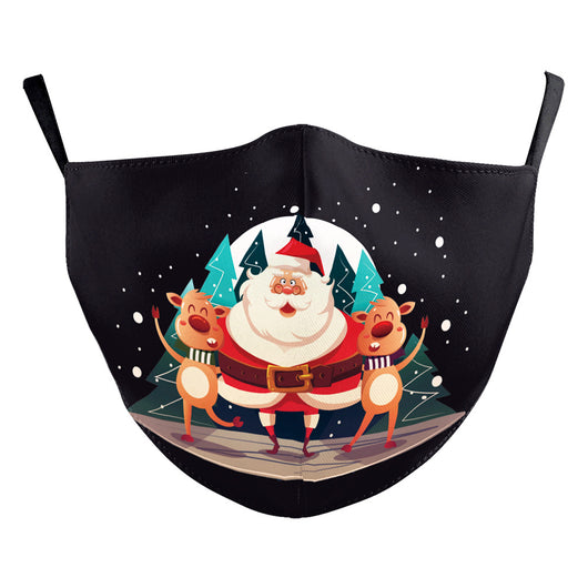 Black dustproof face mask with a digital print of Santa Claus and two reindeer in a snowy forest scene. - Image 13