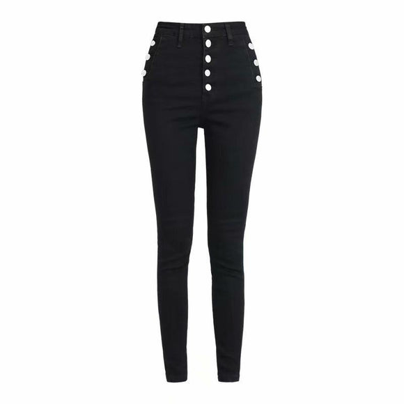 Calça Jeans de Cintura Alta com Botões e Tecido Reforçado