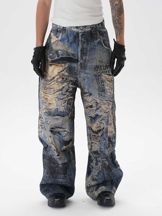 Pantalones Vaqueros Rectos con Estampado 3D Efecto Graffiti Rasgado - Image 2