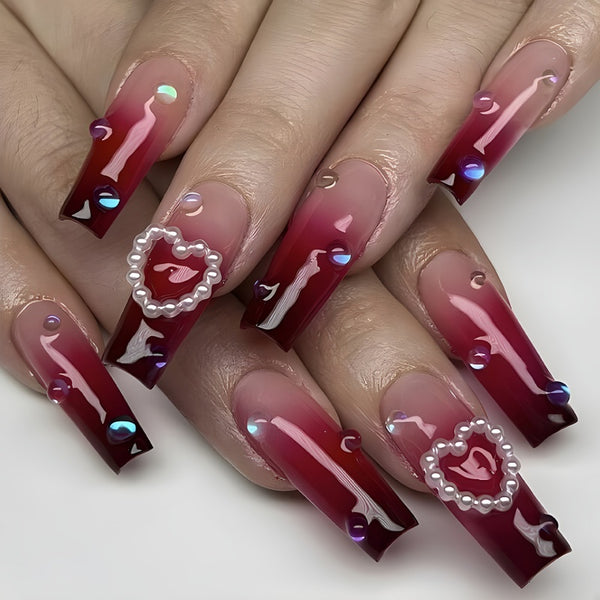 Uñas Postizas Degradado Rojo Perla con Efecto Corazón