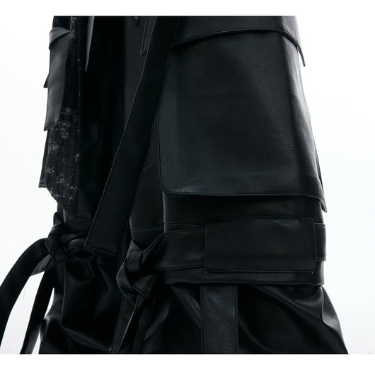 Pantalones de Cuero Retro con Múltiples Bolsillos y Detalles de Costura - Image 9