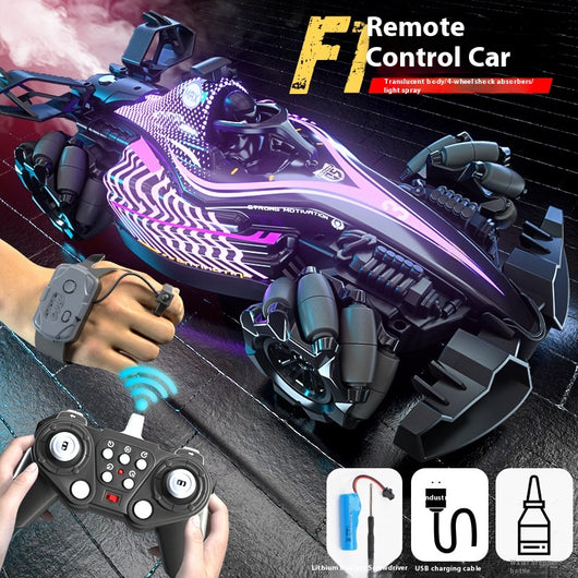 Black and purple remote control stunt car with LED lights and omnidirectional wheels, shown with its remote control and accessories. - Image 6