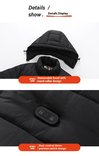 Man and woman modeling black smart heating puffer jackets with hoods, zippered pockets, and horizontal quilting. - Image 10