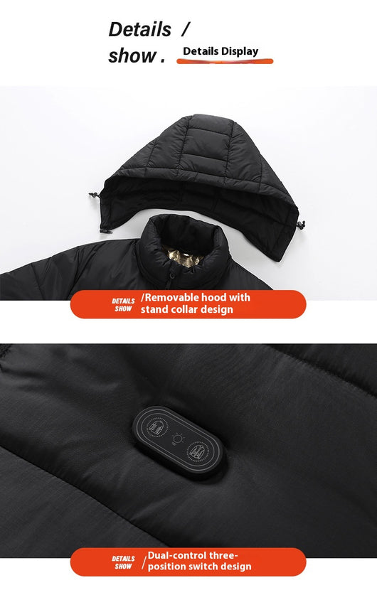 Man and woman modeling black smart heating puffer jackets with hoods, zippered pockets, and horizontal quilting. - Image 10