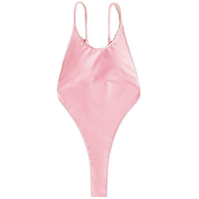 Light pink one-piece swimsuit with thin spaghetti straps and a high-cut leg design, worn by a woman. - Image 2
