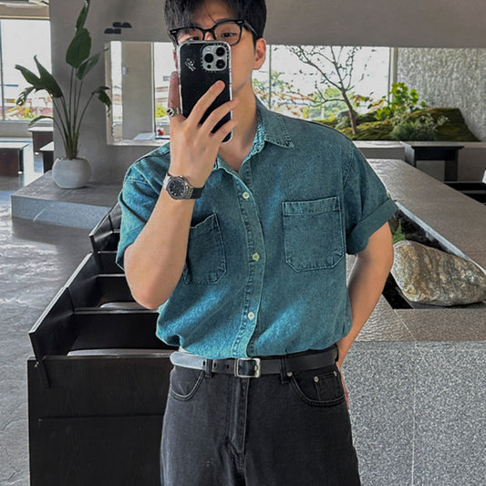 Camisa Vaquera Retro de Manga Corta para Hombre