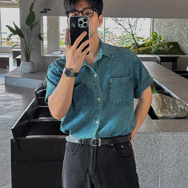 Camisa Vaquera Retro de Manga Corta para Hombre