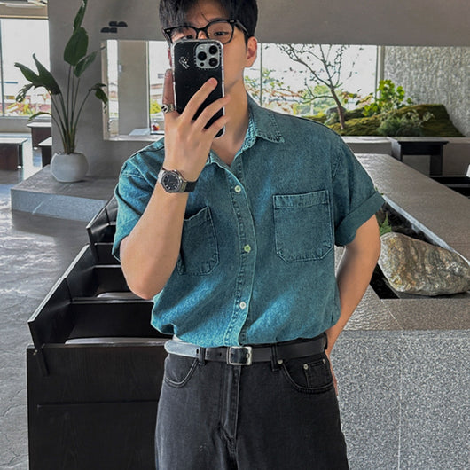 Camisa Vaquera Retro de Manga Corta para Hombre