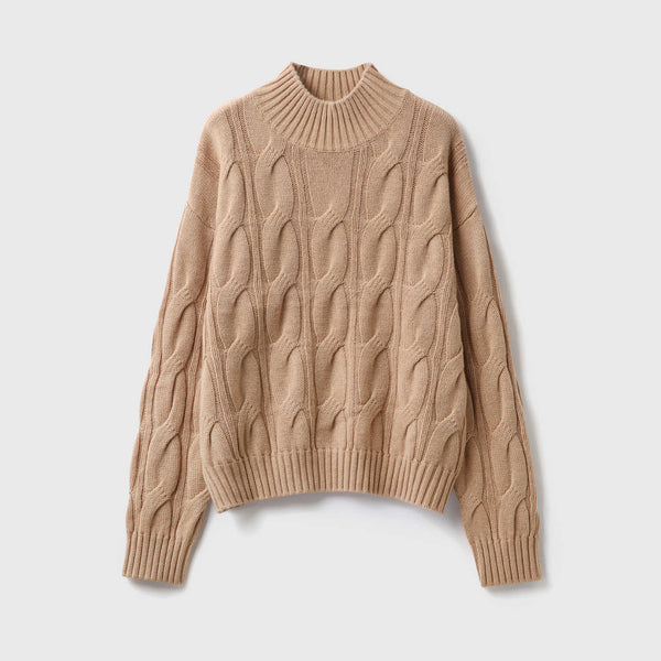 Suéter Cuello Alto Vintage Tejido Lana Pura Hombros Caídos Patrón Retorcido Mujer Otoño